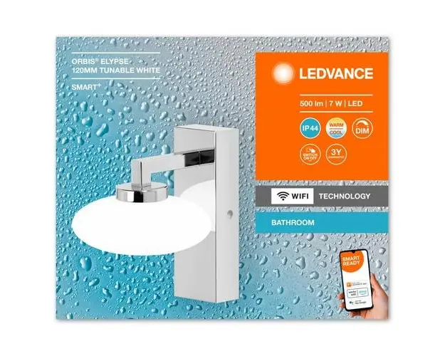 Aplica LED inteligenta pentru baie Ledvance SMART+ Wifi Orbis Elypse 120, 7W, 500 lm, lumina alba (3000-6500K), IP44, 120x166x150mm, metal, Argintiu