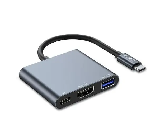 HUB USB Tech-Protect V1 aluminiu 3-in-1, USB Type-C - 1x USB 3.0, 1x USB Type-C, 1x HDMI (Gri)