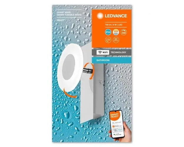 Aplica LED inteligenta pentru baie Ledvance SMART+ Wifi Orbis Wave 200, 8W, 700 lm, lumina alba (3000-6500K), IP44, 200x93x120mm, metal, Argintiu