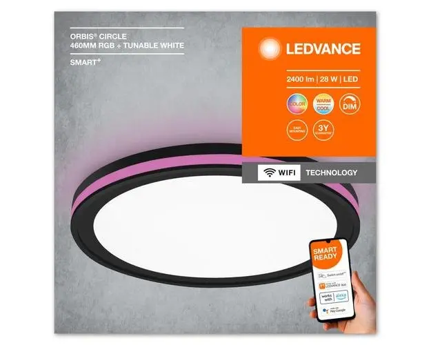 Plafoniera LED RGB inteligenta Ledvance SMART+ Wifi Orbis Circle 460, 28W, 2400 lm, lumina alba si color (3000-6500K), IP20, Ø460x95mm, ABS/Policarbonat, Negru