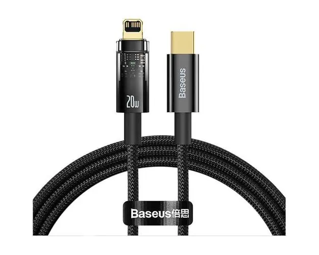 Cablu alimentare si date Baseus, Explorer, Fast Charging, USB Type-C la Lightning 20W 2m Auto Power-Off, Negru Transparent