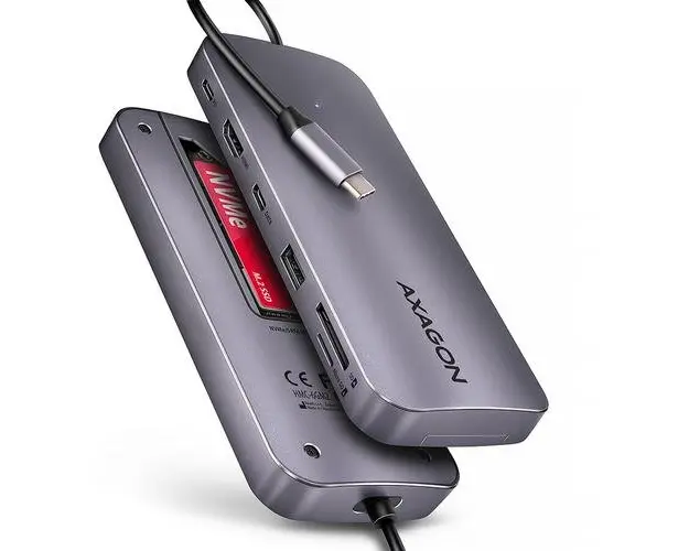 Hub USB Axagon HMC-6GM2, USB-C 3.2 Gen 2, USB-A, M.2 SATA/NVMe, HDMI, PD 100W, Gri metalizat