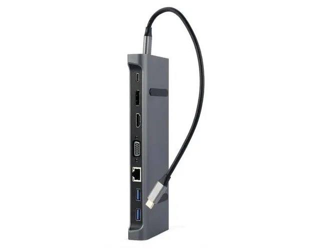HUB USB Gembird 9-in-1 A-CM-COMBO9-02, USB Type C, HDMI + DisplayPort + VGA + PD + LAN + stereo audio (Gri)