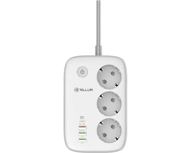 Prelungitor inteligent Tellur Smart TLL331521, Wi-Fi, 3 porturi, PD30W, QC18W, 2xUSB 2.4A, 2500W, 10A, protectie pentru copii si supratensiune, 2m, Alb/Gri