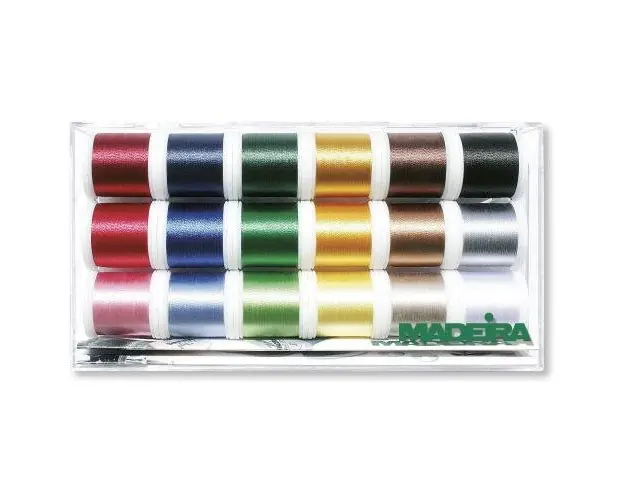 Set asortat cu ata de brodat Madeira 8045, 18 papiote, finete 40, 100% poliester