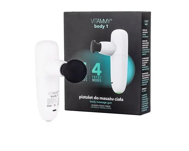 Aparat de masaj tip pistol Vitammy Body 1, portabil, 5 capete de masaj, 4 trepte de viteza, baterie litiu-ion, USB-C (Alb)