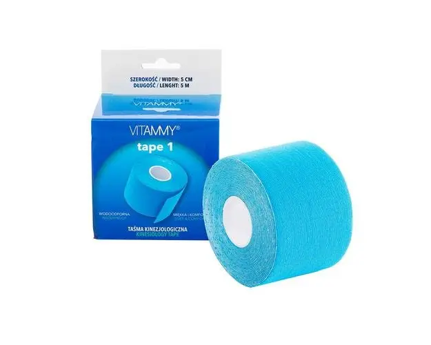 Banda Kinesiologica Vitammy Tape 1, impermeabila, moale si confortabila, fara latex, 5 cm x 5 m, Albastru