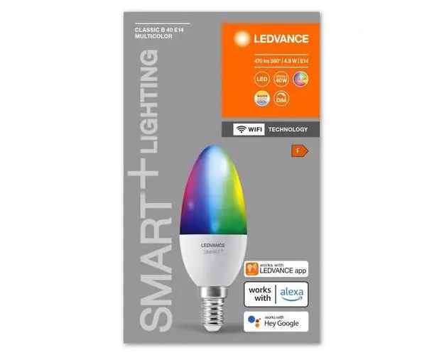 Bec LED RGB inteligent Ledvance SMART+ WiFi Candle Multicolour B40, E14, 4.9W (40W), 470 lm, lumina alba si color (2700-6500K), dimabil