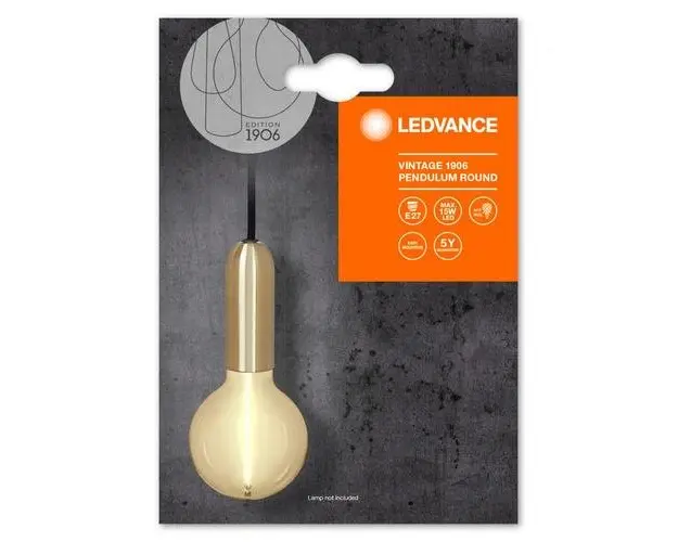 Pendul Ledvance Vintage 1906 Round Auriu, E27, max. 15W LED, Metal, IP20, Ø100mm, cablu 1.5m, bec neinclus