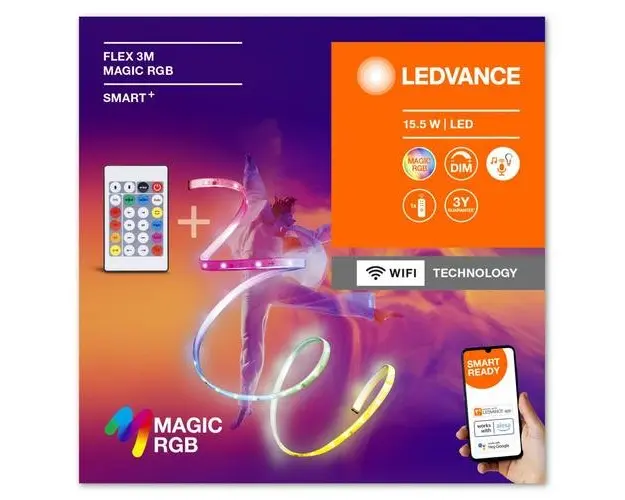 Kit Banda LED RGB inteligenta Ledvance SMART+ Wifi FLEX Magic cu Telecomanda, 15.5W, 220-240V, 350lm/m, lumina alba si color (2700-6500K), dimabila, reglare individuala a fiecarui segment, IP20, 3 metri