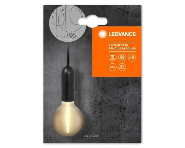Pendul Ledvance Vintage 1906 Round Negru, E27, max. 15W LED, Metal, IP20, Ø100mm, cablu 1.5m, bec neinclus