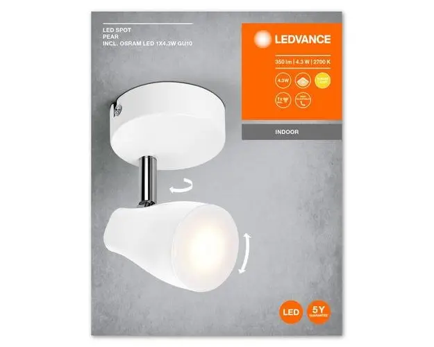 Spot LED ajustabil Ledvance Pear, GU10, 4.3W, 350 lm, lumina calda (2700K), IP20, 110x80x92mm, metal/plastic, Alb