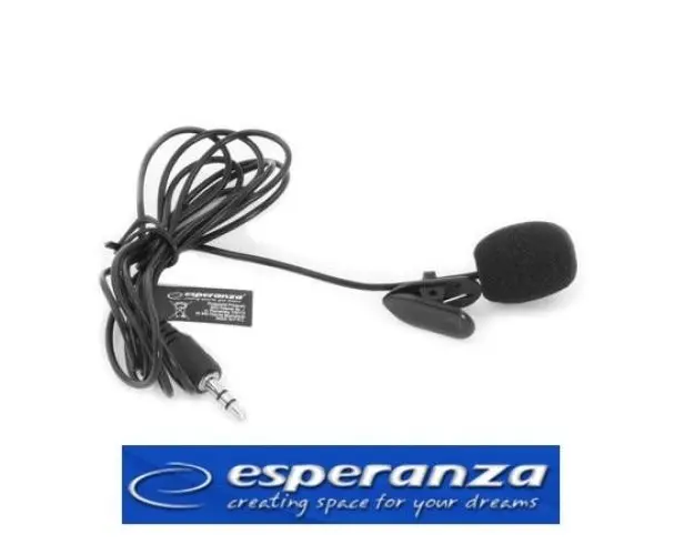 Microfon lavaliera cu clip Voice, caciula antivant si fir flexibil Esperanza, conectare jack 3.5 mm (Negru)