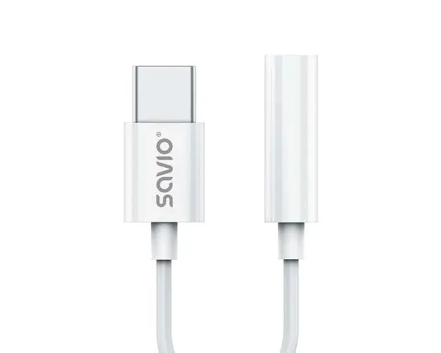 Adaptor audio USB Tip C la Mini Jack 3.5mm Savio AK-51, pentru Xiaomi, Huawei, Oppo, Alb