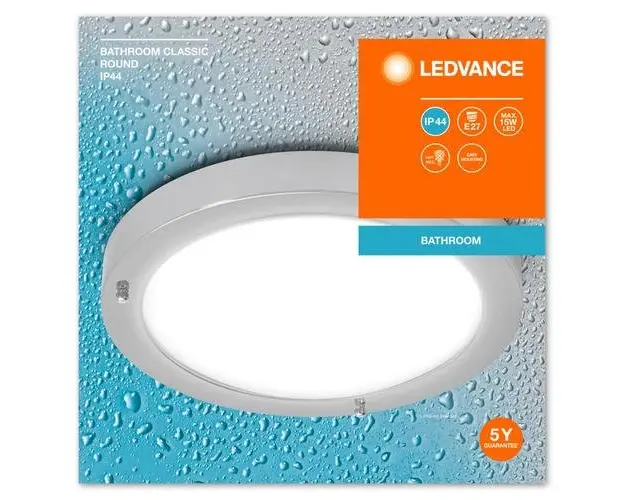 Plafoniera pentru baie Ledvance Classic Crom, E27, max. 15W LED, metal/sticla, IP44, Ø310x80mm, bec neinclus
