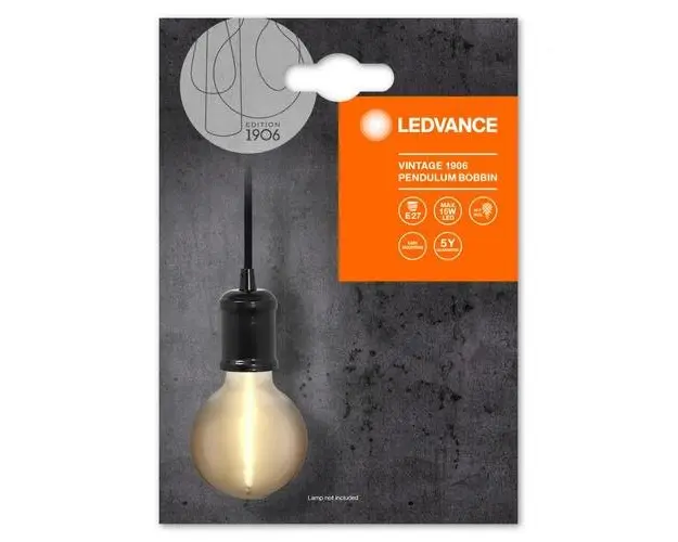 Pendul Ledvance Vintage 1906 Bobbin Negru, E27, max. 15W LED, Metal, IP20, Ø100mm, cablu 1.5m, bec neinclus