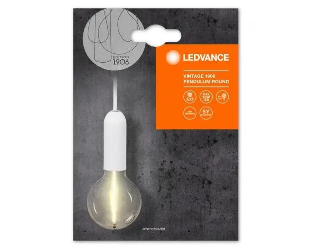 Pendul Ledvance Vintage 1906 Round Alb, E27, max. 15W LED, Metal, IP20, Ø100mm, cablu 1.5m, bec neinclus