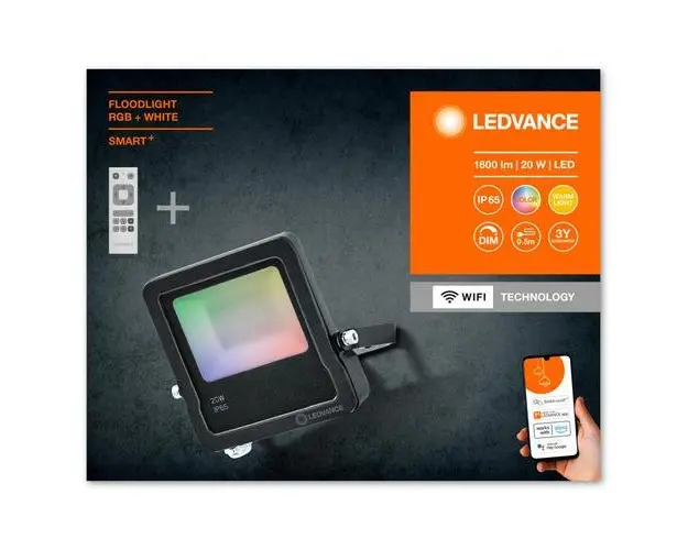 Proiector LED RGB inteligent Ledvance SMART+ Wifi cu Telecomanda, 20W, 220-240V, 1600 lm, lumina alba si color (3000K), dimabila, IP65/IK05, dimabil, 152x125x28mm, aluminiu, Gri