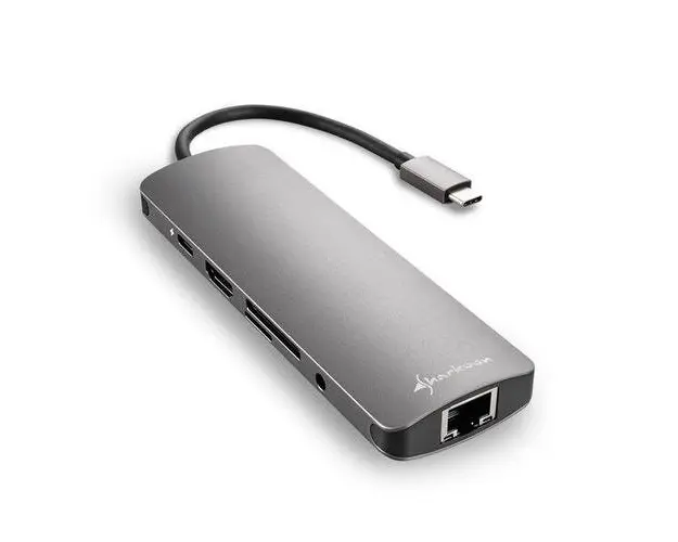 Hub USB-C Sharkoon, 3 x USB 3.0, Ethernet, Stereo Jack, MicroSD, HDMI, USB Type-C (Gri)