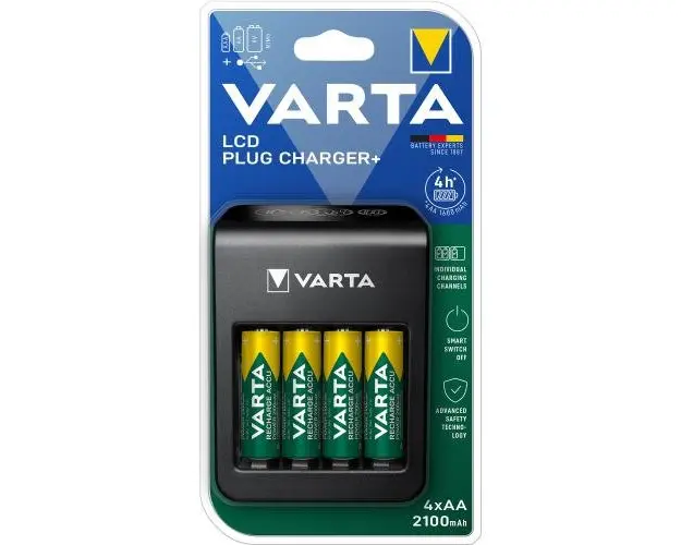 Incarcator VARTA, LCD Plug + 4 baterii AA, 2100 mAh, Multicolor