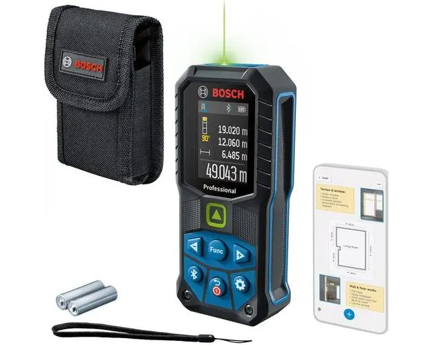 Telemetru profesional cu laser verde Bosch 0601072U00, 515 nm, ± 1.5 mm precizie, IP 65, Bluetooth 4.2, 2 baterii de 1.5 V (AA), husa de protectie, curea de transport