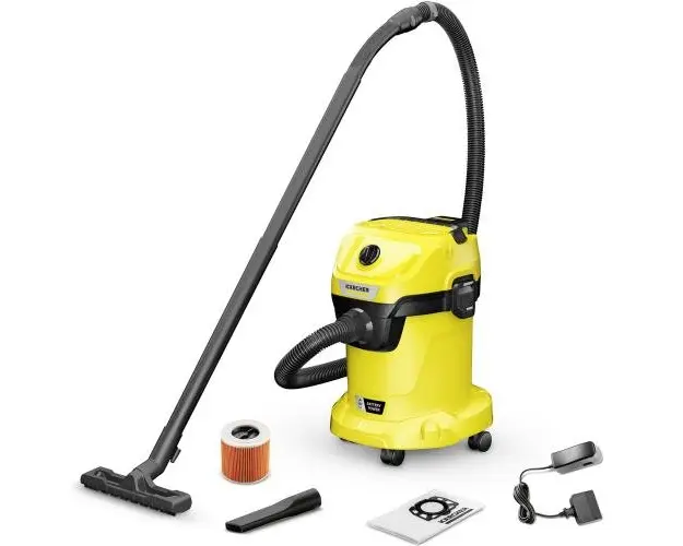 Aspirator umed-uscat Karcher WD 3-18 Battery Set, 1.628-551.0, Aspirare umeda si uscata, Baterie de 18 V, Recipient de 17 L, Furtun de 2 m, Functie de suflare, Filtru cartus, include bateria Karcher de 18 V/5,0 Ah si incarcator de baterie (Galben/Negru)