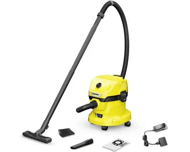 Aspirator umed-uscat Karcher cu acumulator WD 2-18 V Battery Set 1.628-501.0, 225 W, Aspirare umeda si uscata, Baterie de 18V, Recipient 12 L, Furtun de 1.8 m, Functie de suflare, Baterie de 18V si incarcator de baterie (Galben/Negru)