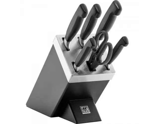 Set 5 cutite, Zwilling, Inox, Cu ascutitor si foarfeca, Negru/Argintiu