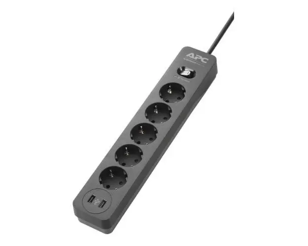 Prelungitor APC Essential SurgeArrest PME5U2B-GR, protectie supratensiune si filtrare zgomot, cu intrerupator, 5 prize, 2x USB-A 2.4A, 2300W, 680J, cordon 1.5, Negru