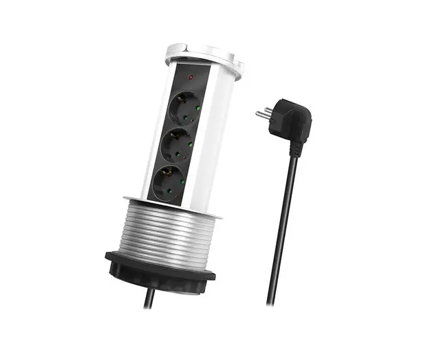 Prelungitor incastrat pup-up LogiLink LPS235A, 3 prize, mecanism ridicare/coborare, indicator LED, H05VV-F 3G 1.5 mm², cordon 1.8 m, Argintiu/Negru/Alb