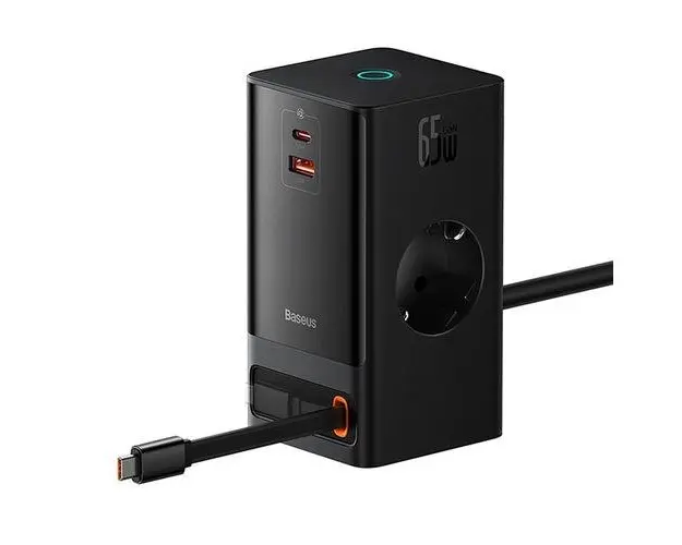 Incarcator Retea Baseus Power Combo, tip prelungitor, USB/USB-C, 2 prize, 65W, Lungime cablu 1.5m (Negru)