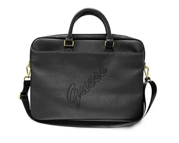 Geanta pentru computer, Guess, Piele ecologica, Saffiano Script, 15 inchi, Negru