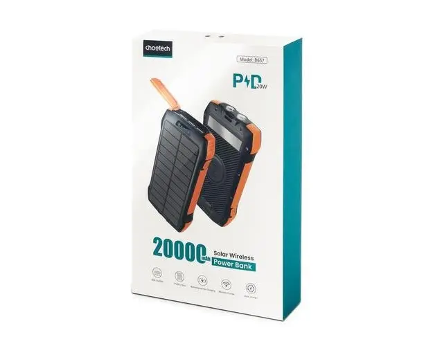 Acumulator Extern solar Choetech model B657, cu incarcare wireless, 20000mAh, PD 20W, QC 18W, Qi 10W (Portocaliu)