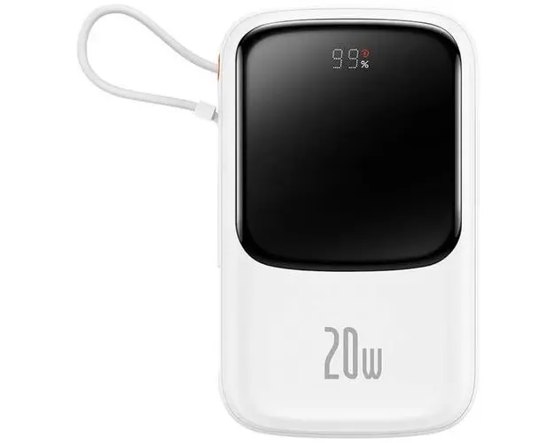 Acumulator extern Baseus Q Pow Digital Display Incarcare Rapida, QC/PD, 10000mAh, 20W, cablu integrat compatibil cu Lightning, Alb