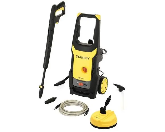 Aparat de spalat cu presiune Stanley, 1.4 kW, 110 bar, 390 L/H, accesorii incluse: perie auto, floor brush, lance, pistol, bidon detergent, furtun 5 m (Negru/Galben)