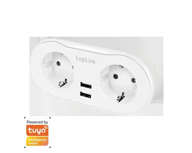 Priza inteligenta LogiLink SH0102, Wi-Fi, 2 prize, 2x USB-A 5 V/2.4 A (max. 12 W), protectie supracurent/supratensiune, IP20 compatibil Tuya, Alb