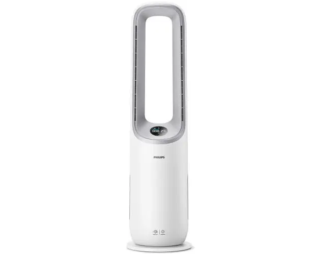 Purificator de aer si ventilator 2-in-1 Philips AMF765/10, CADR 270 mc/h, filtru HEPA si carbon activ, AeraSense, 10 setari de turatie, Conectat la aplicatia Air+, AI , Mod nocturn, Alb