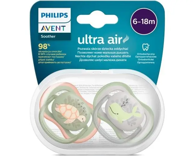 Set 2 suzete Philips-Avent SCF085/60, ultra air pacifier 6-18 luni, Ortodontice, fara BPA, Broscuta/Balena