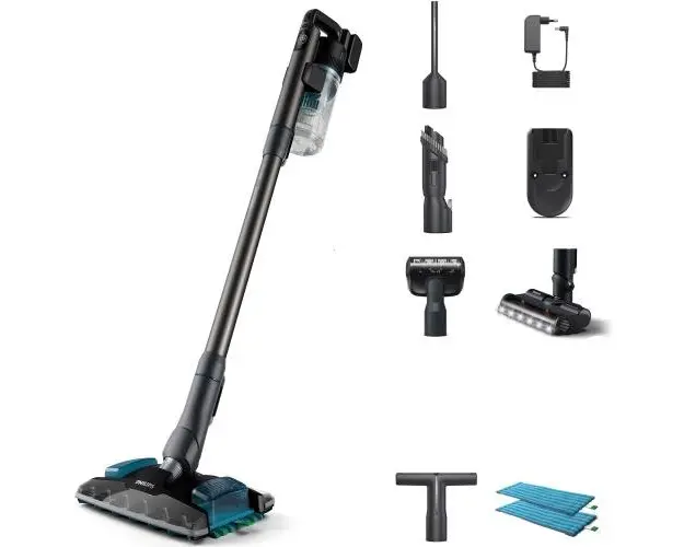 Aspirator vertical Philips XC8055/01, Aqua Plus, 25.2V, durata de functionare pana la 80 min, duza de aspirare PrecisionPower Smart, sistem de filtrare in 5 etape, lumini LED, afisaj digital, 4 accesorii