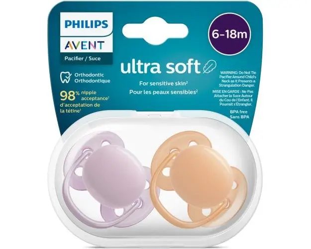 Set 2 suzete Philips-Avent SCF091/33, ultra soft 6-18 luni, Ortodontice, fara BPA, Roz/Portocaliu