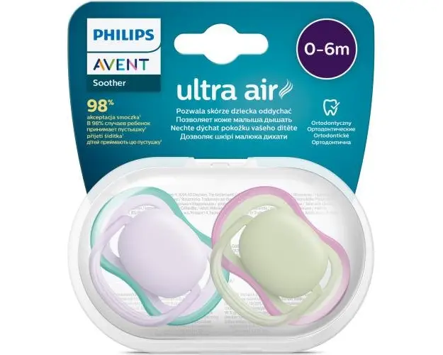 Set 2 suzete Philips-Avent SCF085/24, ultra air pacifier 0-6 luni, Ortodontice, fara BPA, Mov/Verde