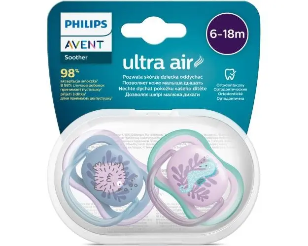 Set 2 suzete Philips-Avent SCF085/61, ultra air pacifier 6-18 luni, Ortodontice, fara BPA, Peste/Calut de mare
