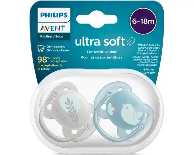 Set 2 suzete Philips-Avent SCF091/15, ultra soft 6-18 luni, Ortodontice, fara BPA, Frunza/Pasare