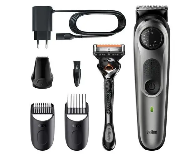 Masina de tuns barba BT5360, Braun, Metal, Buton de precizie, 3 accesorii, Gillette ProGlide, Argintiu/Negru