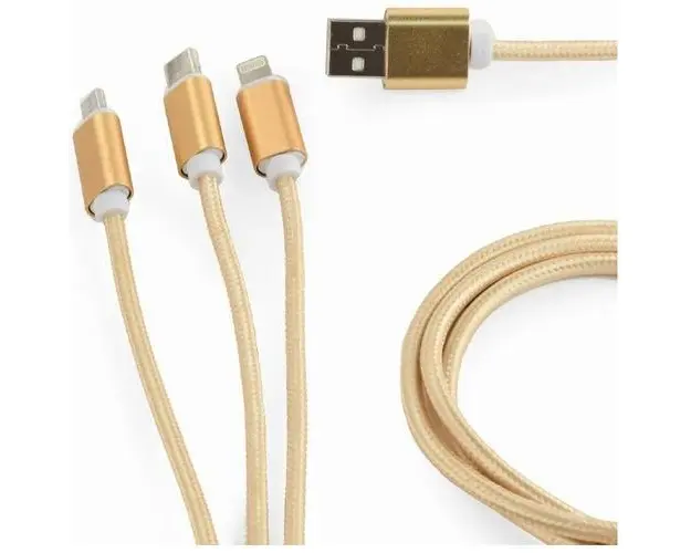Cablu alimentare si date Gembird, USB 2.0 (T) la Lightning (T) + Micro-USB 2.0 (T) + USB 2.0 Type-C (T), 1m, Auriu, CC-USB2-AM31-1M-G