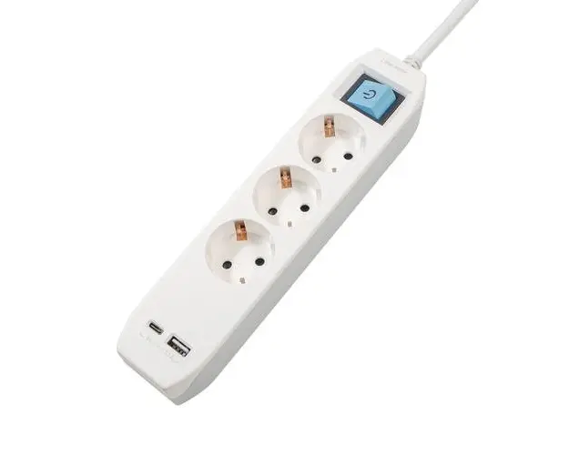 Prelungitor SPACER, Schuko x 3, conectare prin Schuko (T), Type-C x1, USB x 1, 3.1A, cablu 4.5m, 16 A, max. 3500W, protectie copii, protectie supratensiune, Alb-Gri, „PP-3-45-TC-USB