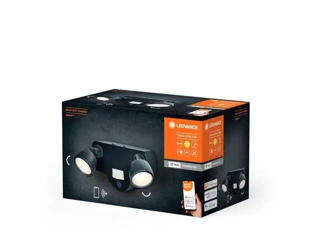 Spot LED dublu pentru exterior cu camera de supraveghere 2 MP si senzor de miscare Ledvance Smart+ WiFi MULTISPOT CAMERA, 16W, 1720 lm, lumina calda (3000K), dimabila, IP44, 250x135x130mm, clasa energetica D