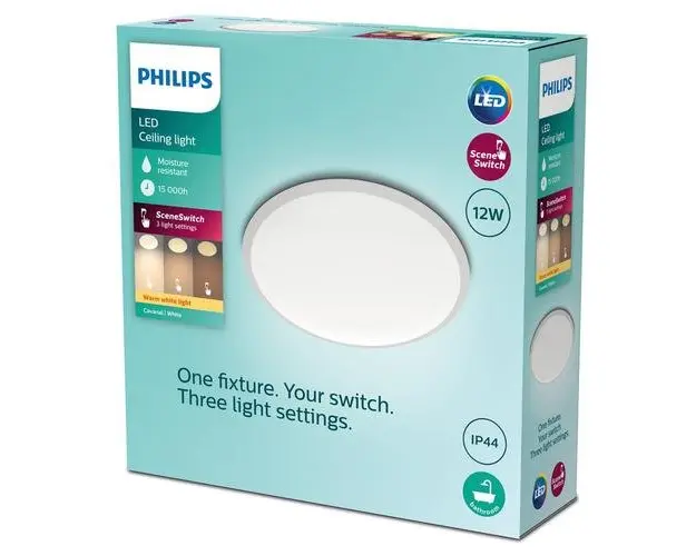 Plafoniera LED Philips Cavanal, 12W, 1200 lm, 3 trepte de intensitate, lumina calda (2700K), IP44, 25cm, Alb