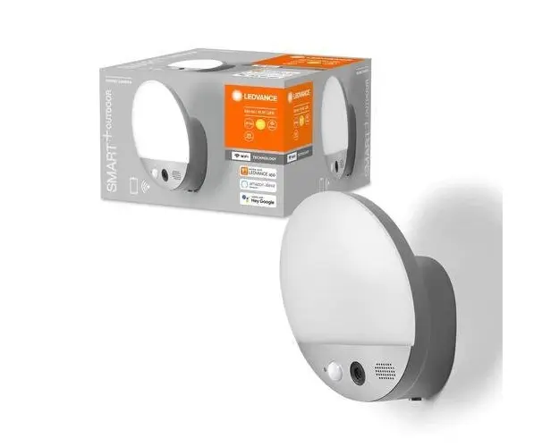 Aplica LED pentru exterior cu camera si senzor Ledvance SMART+ Wifi Round Camera, 15W, 950 lm, lumina calda (3000K), dimabila, cu difuzor si alarma, IP44/IK03, 180x105mm, policarbonat, Gri