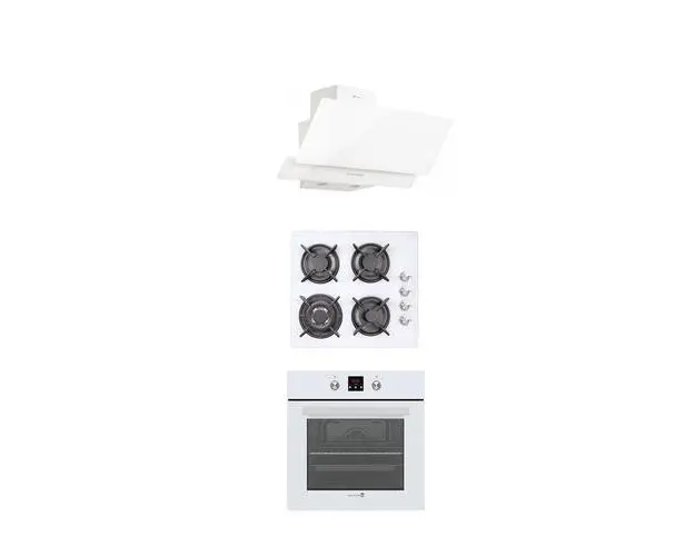 Pachet incorporabil Studio Casa Glam White Venezia, Cuptor electric multifunctional + Plita gaz 4 arzatoare, cristal alb + Hota decorativa sticla alba, Termostat, Programator digital pentru inceputul si sfarsitul coacerii, 8 functii, Alb
